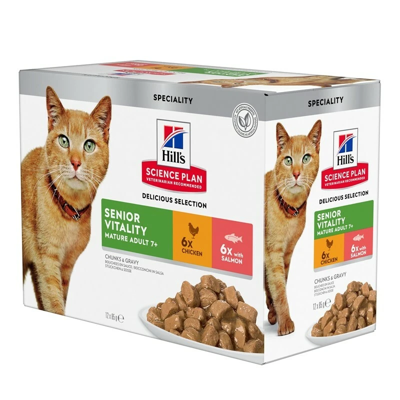 Hill's Science Plan Feline Senior Vitality Mature Adult 7+ Frischebeutel Huhn & Lachs 1 Hill's Science Plan Feline Senior Vitality Mature Adult 7+ Frischebeutel Huhn & Lachs
